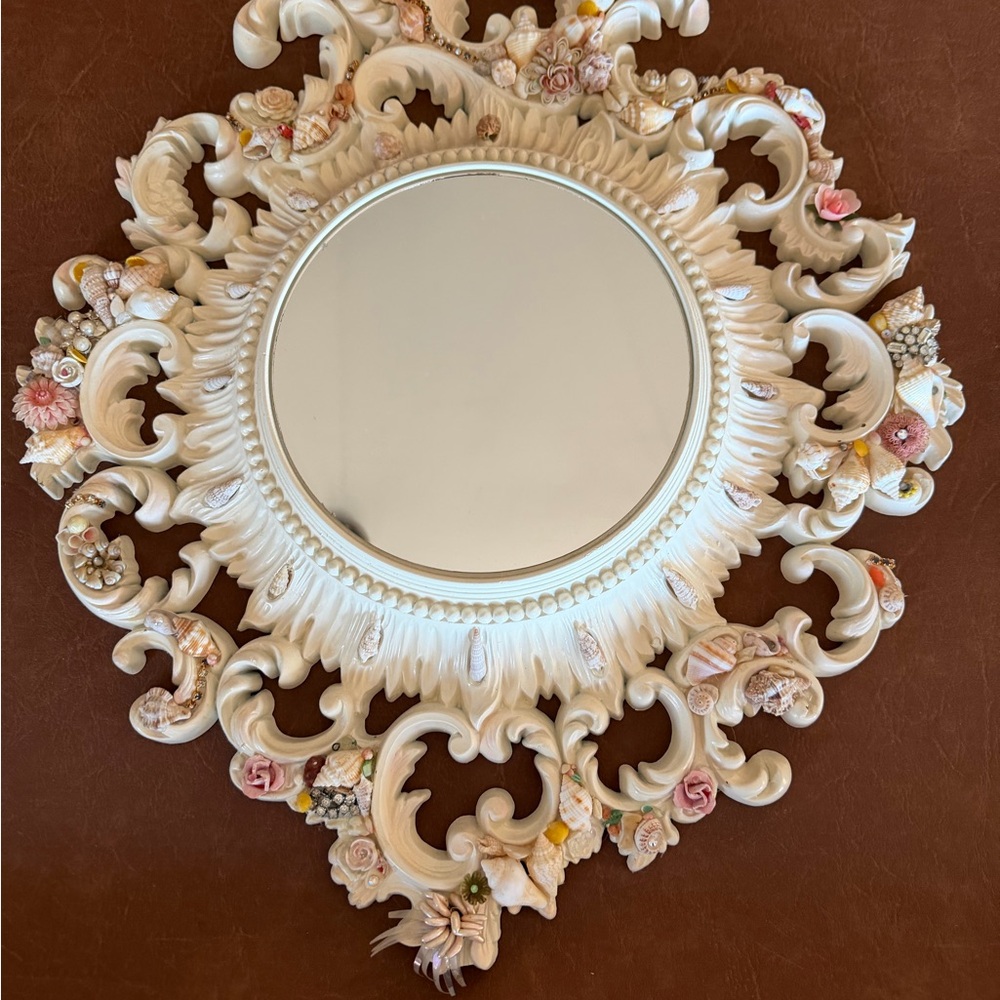 Elegant Cream Floral Seashell Wall Mirror